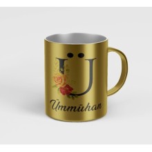 Kişiye Özel Ü Harfi Temalı Gül Tasarım Metalik Gümüş Renk Kupa - Altın