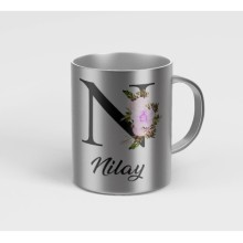 Kişiye Özel N Harfi Temalı Çiçekli Tasarım Metalik Gümüş Renk Kupa - Gümüş