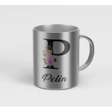 Kişiye Özel P Harfi Temalı Çiçekli Tasarım Metalik Gümüş Renk Kupa - Gümüş