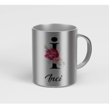 Kişiye Özel İ Harfi Temalı Gül Tasarım Metalik Gümüş Renk Kupa - Gümüş