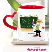 Kişiye Özel Fen Bilgisi Öğretmeni Temalı Kalp Saplı Kırmızı Kupa