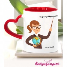 Kişiye Özel Coğrafya Öğretmeni Temalı Kalp Saplı Kırmızı Kupa