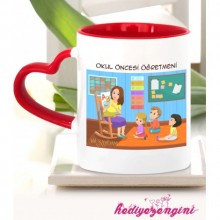 Kişiye Özel Ana Okulu Öğretmeni Temalı Kalp Saplı Kırmızı Kupa