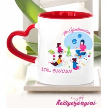 Kişiye Özel İlk Öğretmenim (Bayan) Temalı Kalp Saplı Kırmızı Kupa