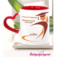 Kişiye Özel Öğretmenler Günü 8 Temalı Kalp Saplı Kırmızı Kupa