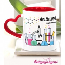 Kişiye Özel Kimya Öğretmeni 7 Temalı Kalp Saplı Kırmızı Kupa