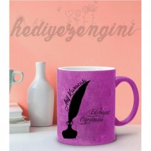 Kişiye Özel Edebiyat Öğretmeni Tasarımlı Pembe Simli Kupa