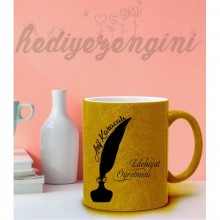 Kişiye Özel Edebiyat Öğretmeni Tasarımlı Sarı Simli Kupa