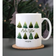 Kişiye Özel Mutlu Yıllar Çam Ağacı Tasarımlı Beyaz Kupa