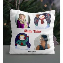 Kişiye Özel Mutlu Yıllar Çift Fotoğraf Tasarımlı Saten Yastık