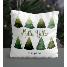 Kişiye Özel Mutlu Yıllar - Çam Ağaçları Tasarımlı Saten Yastık