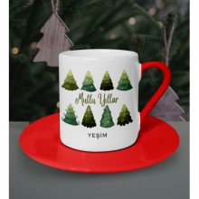 Kişiye Özel Mutlu Yıllar - Çam Ağaçları Tasarımlı  Kahve Fincanı