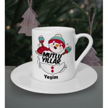 Kişiye Özel Mutlu Yıllar Kardan Adam Temalı Beyaz Kahve Fincanı