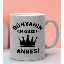 Dünyanın En Güzel Annesi Tasarımlı Gümüş Renk Simli Kupa