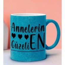 Annelerin En Güzeli Tasarımlı Mavi Renk Simli Kupa