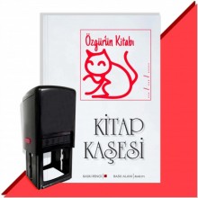 Kişiye Özel  Çizim Kedi 5 Tarihli Kitap Kaşesi - Kırmızı