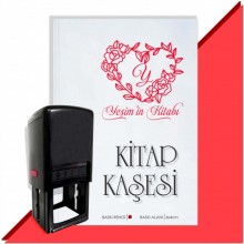 Kişiye Özel Kalp Sarmaşık 11 Harfli Otomatik Kitap Kaşesi - Kırmızı