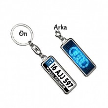 Kişiye Özel Plaka Metal Anahtarlık | Audi Neon Mavi Logo - Gümüş Krom Kaplama