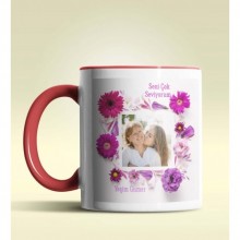 Kişiye Özel Çiçek Çerçeveli Fotoğraf 4 Temalı Kırmızı Kupa Bardak