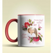 Kişiye Özel Çiçek Çerçeveli Fotoğraf 2 Temalı Kırmızı Kupa Bardak