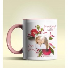 Kişiye Özel Çiçek Çerçeveli Fotoğraf 2 Temalı Pembe Kupa Bardak