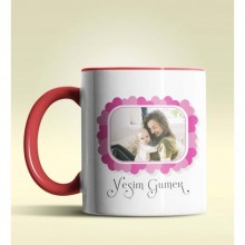 Kişiye Özel Kalp çerçeveli Fotoğraflı Tasarım Kırmızı Kupa Bardak