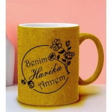 Anneler Gününe Özel Benim Harika Annem Tasarımlı Sarı Simli Kupa