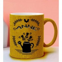 Anneler Gününe Özel Anne Tasarımlı Sarı Simli Kupa Bardak