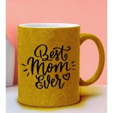 Anneler Gününe Özel Best Mum Ever 2 Temalı Sarı Simli Kupa Bardak