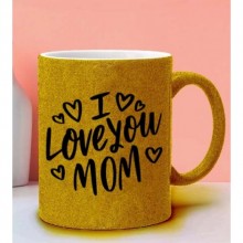 Anneler Gününe Özel I Love Mom Tasarımlı Sarı Simli Kupa Bardak