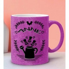 Anneler Gününe Özel Anne Tasarımlı Pembe Simli Kupa Bardak