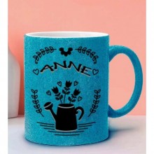 Anneler Gününe Özel Anne Tasarımlı Mavi Simli Kupa Bardak