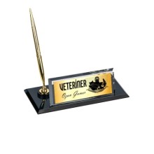 Kişiye Özel Veteriner Tasarımlı Kristal Masa İsimliği Saatli Tek Kalem - Altın