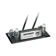 Kişiye Özel Berber Tasarımlı Kristal Masa İsimliği Saatli Çift Kalem - Gümüş