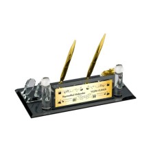 Kişiye Özel Biomedikal Mühendisi Tasarımlı Kristal Masa İsimliği Saatli Çift Kalem - Altın