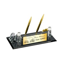 Kişiye Özel Orman Mühendisi Tasarımlı Kristal Masa İsimliği Saatli Çift Kalem - Altın