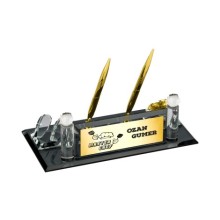 Kişiye Özel Master Chef Tasarımlı Kristal Masa İsimliği Saatli Çift Kalem Bardak - Altın