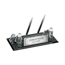 Kişiye Özel Pazarlama Müdürü Tasarımlı Kristal Masa İsimliği Saatli Çift Kalem - Gümüş