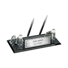 Kişiye Özel Genel Müdür Tasarımlı Kristal Masa İsimliği Saatli Çift Kalem - Gümüş