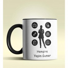 Kişiye Özel Hemşire Silüet (Bayan) 2 Tasarım Siyah Kupa Bardak