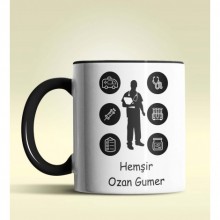 Kişiye Özel Hemşir Silüet (Bay) 2 Tasarımlı Siyah Kupa Bardak