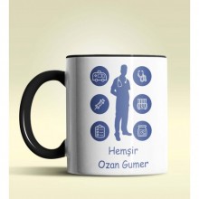 Kişiye Özel Hemşir Silüet (Bay) Tasarımlı Siyah Kupa Bardak