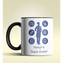 Kişiye Özel Hemşire Silüet (Bayan) Tasarımlı Siyah Kupa Bardak