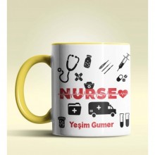 Kişiye Özel Nurse (Hemşire) 2 Tasarımlı Sarı Kupa Bardak
