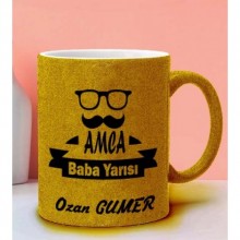Kişiye Özel Amca Baba Yarısı Tasarımlı Altın Sarı Simli Kupa