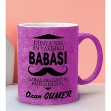 Kişiye Özel En İyi Baba Tasarımlı Simli Pembe Kupa