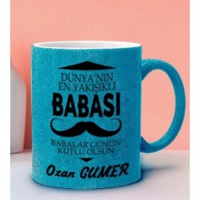 Kişiye Özel En İyi Baba Tasarımlı Simli Mavi Kupa