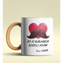Kişiye Özel İyiki Babamsın Bıyıklı Adam Tema Turuncu Kupa Bardak