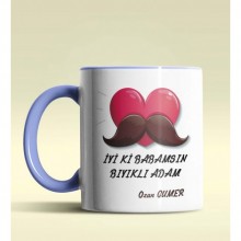 Kişiye Özel İyiki Babamsın Bıyıklı Adam Tema Mavi Kupa Bardak