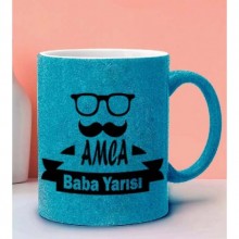 Babalara Özel Amca Baba Yarısı Tasarımlı Simli Mavi Kupa